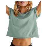 Tankaneo Womens Summer Crop Tops Trendy 2025 Short Sleeve Crewneck Tee Casual Cute Workout Cropped T Shirts Basic Top Light Green Size- XS