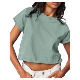 Tankaneo Womens Summer Crop Tops Trendy 2025 Short Sleeve Crewneck Tee Casual Cute Workout Cropped T Shirts Basic Top Light Green Size- XS