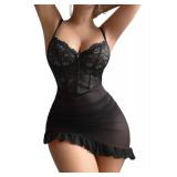 Lilosy Plus Size Curvy Sexy Ruffle Floral Lace Mesh Sheer Underwire Corset Bodycon Babydoll Lingerie Dress Set with Thong 2 Piece Women Outfits See Through Chemise Negligee Black XX-Large