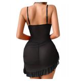 Lilosy Plus Size Curvy Sexy Ruffle Floral Lace Mesh Sheer Underwire Corset Bodycon Babydoll Lingerie Dress Set with Thong 2 Piece Women Outfits See Through Chemise Negligee Black XX-Large