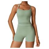 QBGJTD Two Piece Workout Sets For Women Straps Cross Back Tank Top Matching High Waist Booty Lifting Biker Shorts 2 Piece Gym Yoga Active Wear Outfits Womens Athletic Work Out Clothes Green M