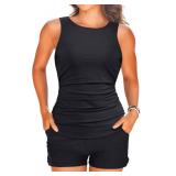 Tankini Swimsuits with Shorts - Two Piece Tummy Control Bathing Suits High Neck Swimwear with Two Side Pockets Black Size- Large