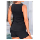 Tankini Swimsuits with Shorts - Two Piece Tummy Control Bathing Suits High Neck Swimwear with Two Side Pockets Black Size- Large