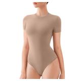 REORIA Womens Short Sleeve Bodysuits T Shirt Tops Crew Neck Double Lined Slim Tank Thong Body Suits Summer Outfits Khaki Medium