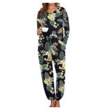Andeip Pajamas for Women Set 2 Piece Loungewear Pajama Plus Size Long Sleeve Top and Pants with Side Pockets Green Yellow Floral XXL