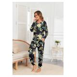 Andeip Pajamas for Women Set 2 Piece Loungewear Pajama Plus Size Long Sleeve Top and Pants with Side Pockets Green Yellow Floral XXL