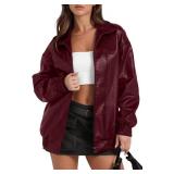 Sampeel Red Leather Jacket Women Faux Oversized Motorcycle Bomber Coats 2025 Fall Fashion Outfits Winter Clothes S