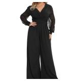 RED DOT BOUTIQUE 701 - Plus Size Mesh Long Sleeve V Wrap Neck Wide Leg Pants One Piece Jumpsuit (Black, L)