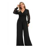 RED DOT BOUTIQUE 701 - Plus Size Mesh Long Sleeve V Wrap Neck Wide Leg Pants One Piece Jumpsuit (Black, L)