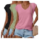 Huukeay 3 Pack Womens V Neck T Shirts, Cap Sleeve Summer Casual Tops Loose Fit Short Sleeve Tees 2025 Trendy Shirts (Black, Grass Green, Pink,Small)