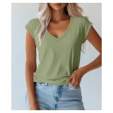 Huukeay 3 Pack Womens V Neck T Shirts, Cap Sleeve Summer Casual Tops Loose Fit Short Sleeve Tees 2025 Trendy Shirts (Black, Grass Green, Pink,Small)