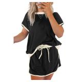 SELINK Lounge Sets for Women 2 Piece Skirt Colorblock Drop Shoulder T Shirt and Skort Set Summer Tracksuits Black-L