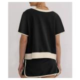 SELINK Lounge Sets for Women 2 Piece Skirt Colorblock Drop Shoulder T Shirt and Skort Set Summer Tracksuits Black-L