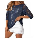 EVALESS Spring Lightweight Sweaters for Women 2025 Knit Tops 3/4 Short Sleeve Shirts Vacation Outfits Summer Clothes Sexy Cold Shoulder Crochet Tops for Women Dressy Casual Beach Cover Ups, Blue Large