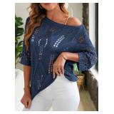 EVALESS Spring Lightweight Sweaters for Women 2025 Knit Tops 3/4 Short Sleeve Shirts Vacation Outfits Summer Clothes Sexy Cold Shoulder Crochet Tops for Women Dressy Casual Beach Cover Ups, Blue Large