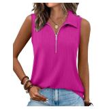 XIEERDUO Spring Clothes for Women Hot Pink Tops for Women V Neck Collared Shirts with Zipper M