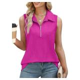XIEERDUO Spring Clothes for Women Hot Pink Tops for Women V Neck Collared Shirts with Zipper M