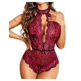 Avidlove Lingerie for Women Halter Lace Bodysuit V Neck Teddy One Piece Babydoll Nightgown Black Rose Red XL