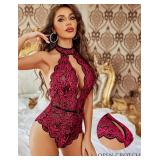 Avidlove Lingerie for Women Halter Lace Bodysuit V Neck Teddy One Piece Babydoll Nightgown Black Rose Red XL