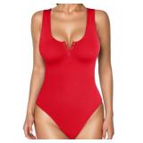 Popilush Bodysuits for Women Tummy Control Henley Going Out Shirts Tops Button Down Red Body Suit Sleeveless Thong Tank Top Size- M/L