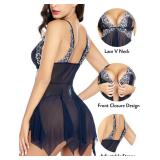 Avidlove Babydoll Lingerie Mesh Chemise Lace Sleepwear V Neck Nightgown Full Slips Nighty Strap Chemise Nightdress Navy Blue Size- Small