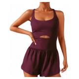 Wenlia Workout Onesie Romper Jumpsuits for Women Sleamless Athletic Gym Yoga Work Out Bodycon One Piece Jumpsuit Summer Activewear, Eggplant-purple Size- Small