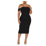 PINSV Women Ruched Off Shoulder Dress Bodycon Party Elegant Midi Dresses Black L
