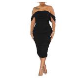 PINSV Women Ruched Off Shoulder Dress Bodycon Party Elegant Midi Dresses Black L
