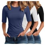 Riyiper 3 Pack Elbow Length Tee Shirts for Women 1/2 Half Sleeve Tops Crewneck Cotton Slim Fit Casual Summer Basic Tee(Black, White, Haze Blue,L)