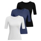 Riyiper 3 Pack Elbow Length Tee Shirts for Women 1/2 Half Sleeve Tops Crewneck Cotton Slim Fit Casual Summer Basic Tee(Black, White, Haze Blue,L)