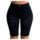 roswear Womens Ripped Stretchy Long Jean Shorts Mid Rise Frayed Cut Off Bermuda Shorts Black Large