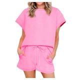 Imily Bela Womens 2 Piece Lounge Sets Summer Short Sleeve Tops and Shorts Set Airport Travel Outfits Pink Medium