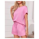 Imily Bela Womens 2 Piece Lounge Sets Summer Short Sleeve Tops and Shorts Set Airport Travel Outfits Pink Medium