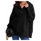 AlvaQ Sweatshirt for Women Winter Fleece V Neck Long Sleeve Button Up Pullover Hoodies Oversized Hooded Tops with Pocket Fashion 2025 Black Medium