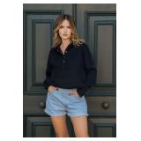 AlvaQ Sweatshirt for Women Winter Fleece V Neck Long Sleeve Button Up Pullover Hoodies Oversized Hooded Tops with Pocket Fashion 2025 Black Medium