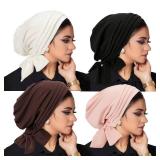 4 Pieces Ramadan Solid Color Turban Hijab Long Tail Head Wraps Muslim Hats Breathable Chemo Cap for Women
