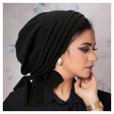 4 Pieces Ramadan Solid Color Turban Hijab Long Tail Head Wraps Muslim Hats Breathable Chemo Cap for Women