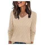 WIHOLL Sweaters for Women Trendy Fall Fashion 2025 Casual V Neck Long Sleeve Tops Crochet Knit Vacation Office Teachers School Outfits Cute Winter Clothing Pullover Apricot L