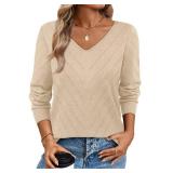 WIHOLL Sweaters for Women Trendy Fall Fashion 2025 Casual V Neck Long Sleeve Tops Crochet Knit Vacation Office Teachers School Outfits Cute Winter Clothing Pullover Apricot L