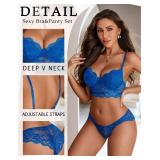 Avidlove Lingerie for Women Lace Strappy Underwear V Neck Bra and Panty Sets 2 Piece Bralette Outfits (Blue, Large)