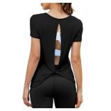 Mippo Backless Workout Top Open Back Shirts Short Sleeve Athletic Yoga Gym Exercise Tees Pilates Clothes for Women, Black L
