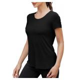 Mippo Backless Workout Top Open Back Shirts Short Sleeve Athletic Yoga Gym Exercise Tees Pilates Clothes for Women, Black L