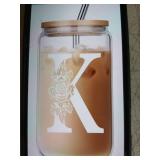 Monogram Glass Cup and Straw with Floral Letter K Design