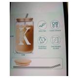 Monogram Glass Cup and Straw with Floral Letter K Design