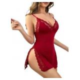 Obentiny Womens Elegant Red Lace Trim Satin Sleepwear Wine Red Size Large  - Retail: $19