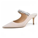 JANSEVEN Mules Heels For Women Heeled Sandals Nude With Rhinestone Jeweled Jewels Pearl Heels Pointed Closed Toe Slip On Satin 2.5 Inches Bridal Wedding Shoes Sexy Size 8