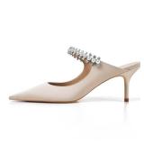 JANSEVEN Mules Heels For Women Heeled Sandals Nude With Rhinestone Jeweled Jewels Pearl Heels Pointed Closed Toe Slip On Satin 2.5 Inches Bridal Wedding Shoes Sexy Size 8