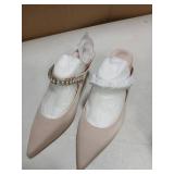 JANSEVEN Mules Heels For Women Heeled Sandals Nude With Rhinestone Jeweled Jewels Pearl Heels Pointed Closed Toe Slip On Satin 2.5 Inches Bridal Wedding Shoes Sexy Size 8
