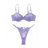 Lilosy Sexy Cute Underwire Push Up Strappy Heart Embroidered Mesh Sheer Lingerie Set for Women Bachelorette See Through Bra and Panty 2 Piece Light Purple X-Large