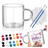 Soulchen 7 Pcs Paint Your Own Mug Kit DIY Mug Painting Kit Include 2 Paintable Mugs 2 Paintbrush 2 Acrylic Paints 12 Color and 1 Palette Tray Coffee Cup Decorating Set Craft Project(Clear,Glass)